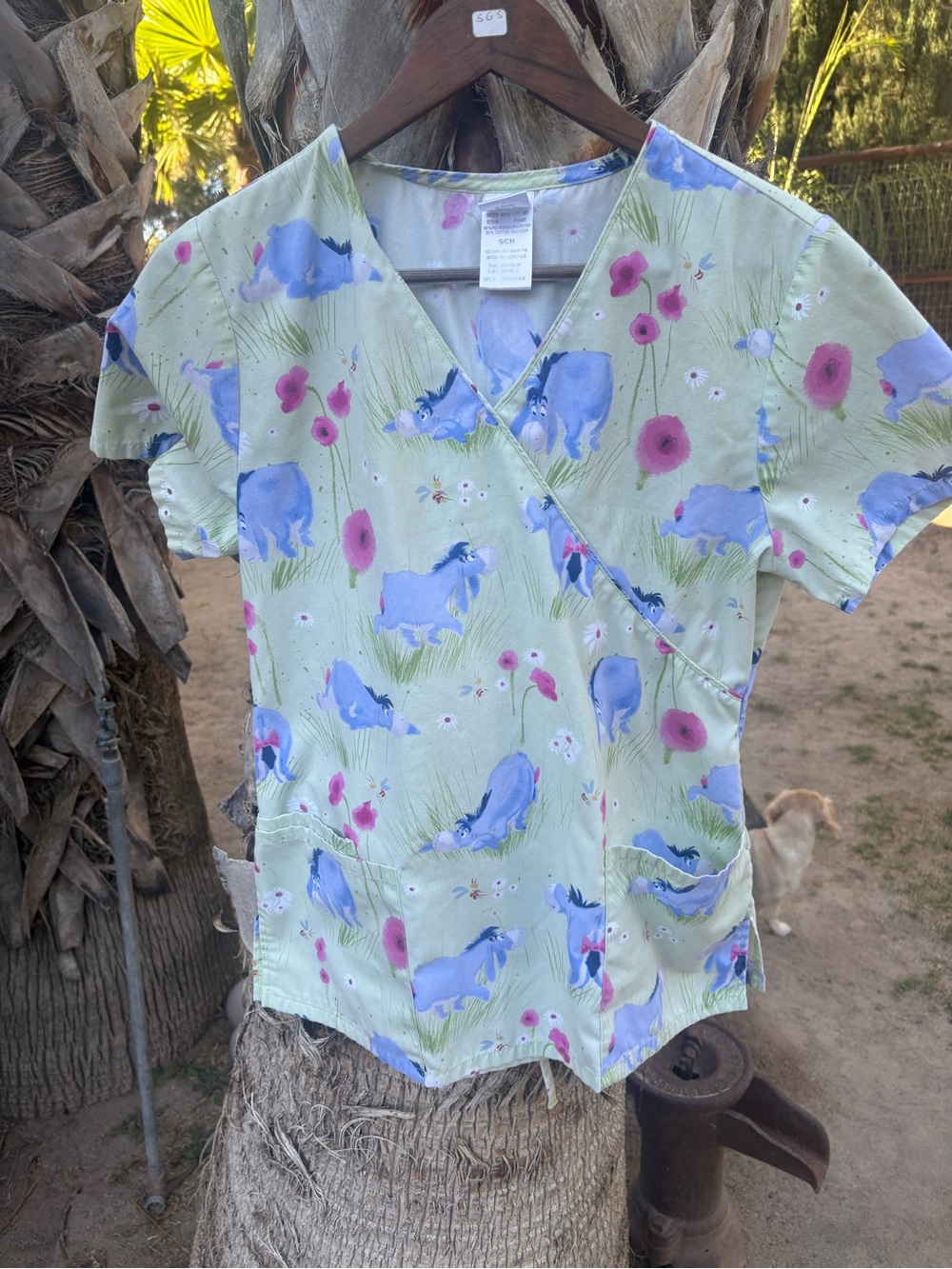 Disney Mint Green Scrub Top with Blue Eeyore and Pink Floral Print